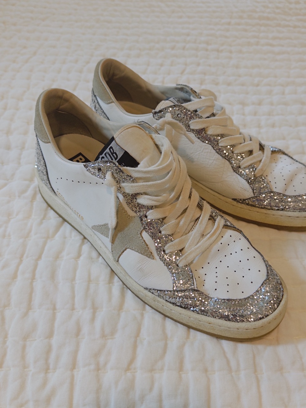 Golden Goose Ballstar White Leather Sneakers with Silver Glitter Trim - 40